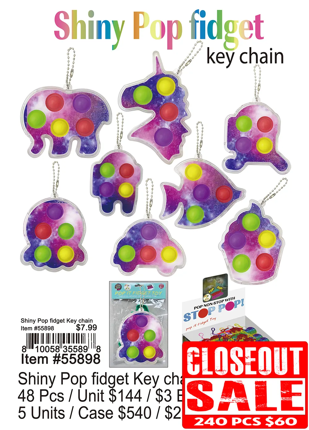 Shiny Pop Fidget Keychain - Closeout 240 Pcs.